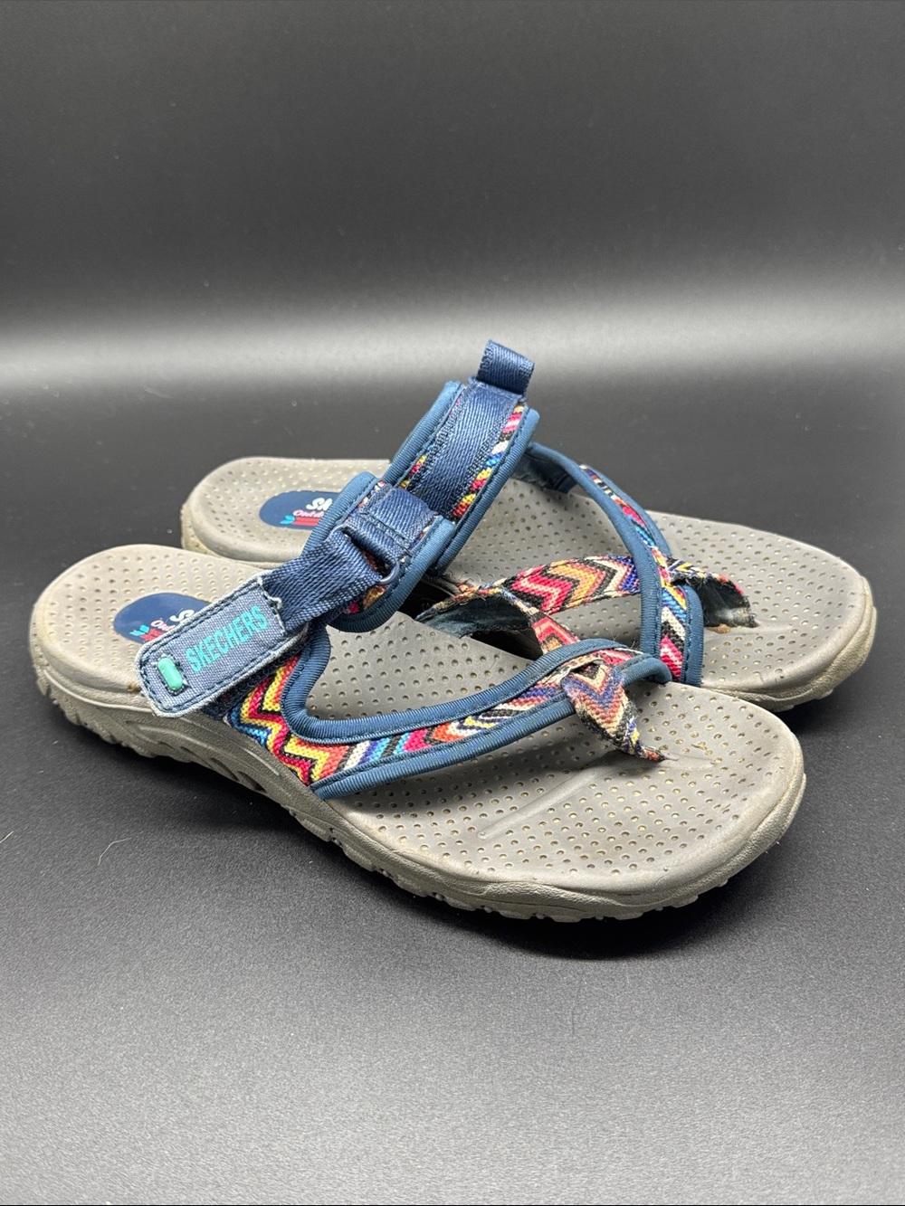 Skechers Women’s  Navy Blue Sandals with Multicolor Chevron Trim Sz 6
